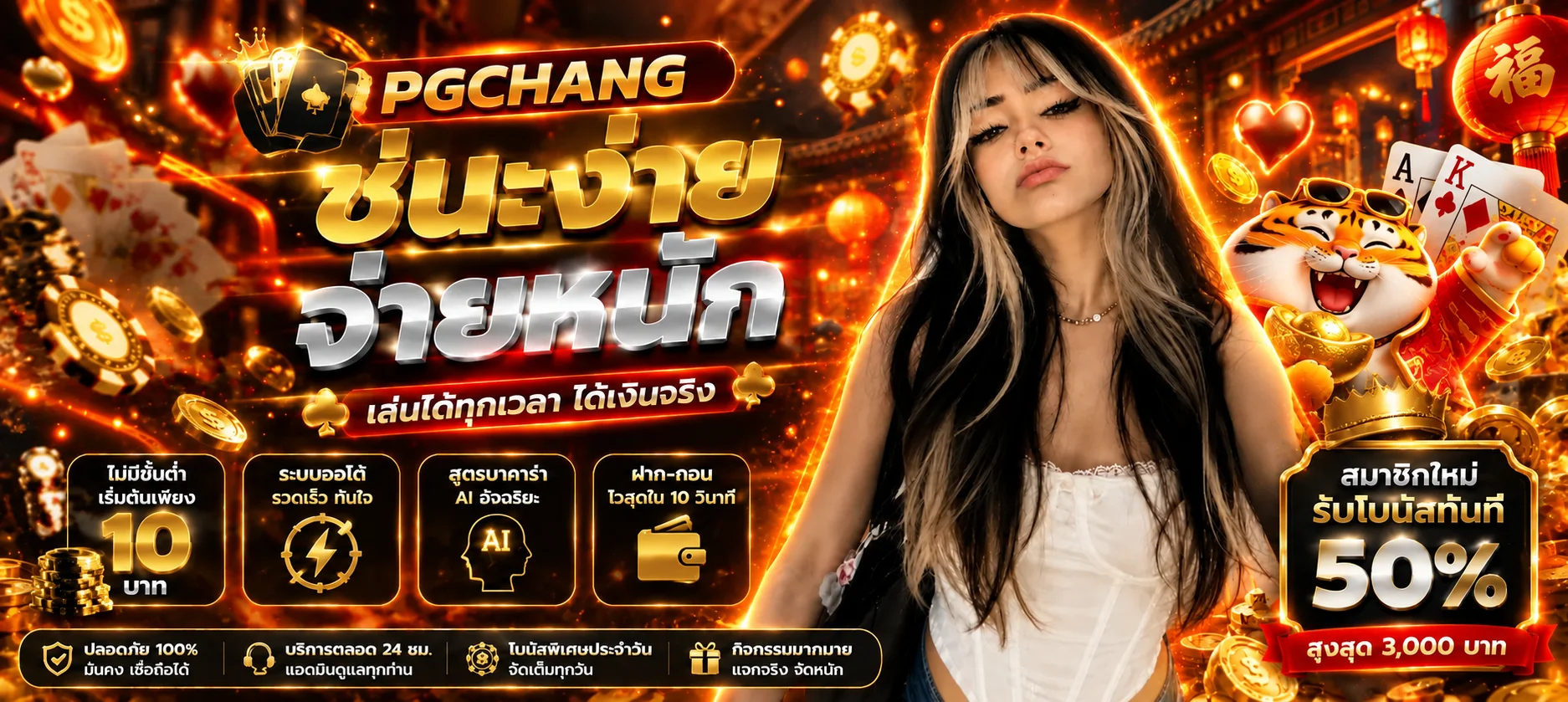 แบนเนอร์ PGCHANG คาสิโนออนไลน์โทนส้มดำพร้อมตัวละคร Fortune Tiger